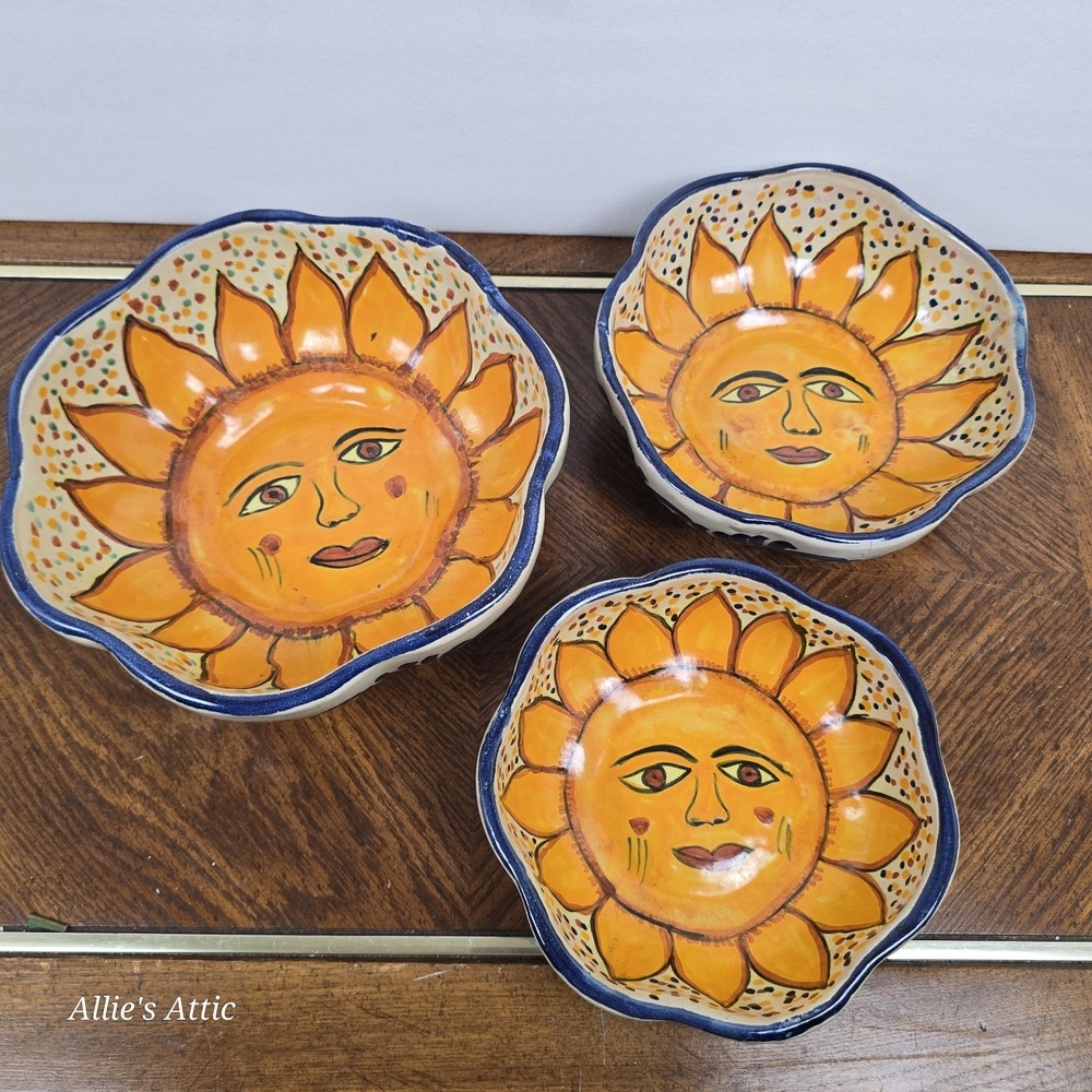 Vintage Celestial Bowl Sun Flower Yellow Blue Stacking Nesting Set Clay Handmade